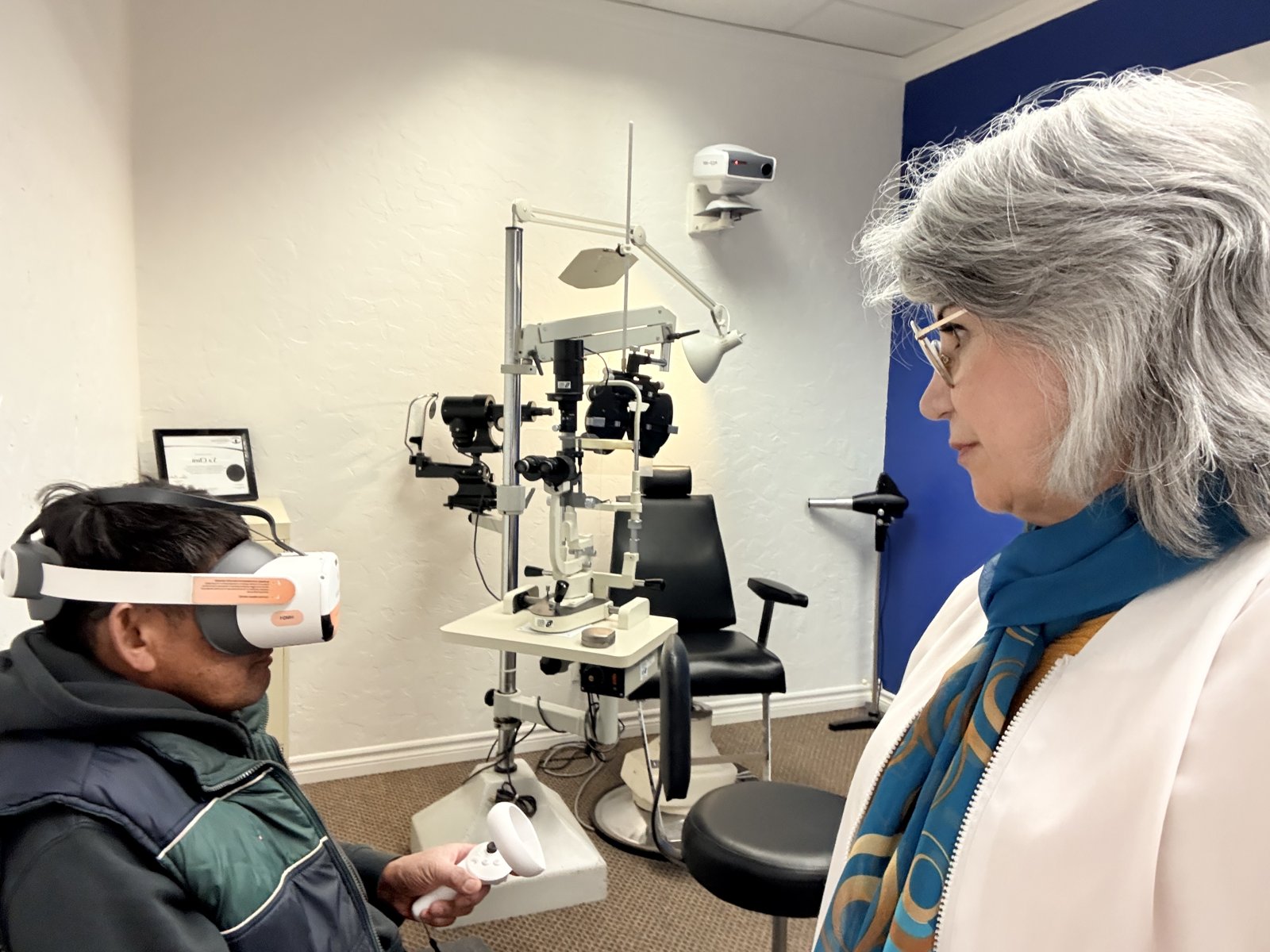Dr. Roxanna Gangi examining a patient for double vision (diplopia) at her York Region optometry practice