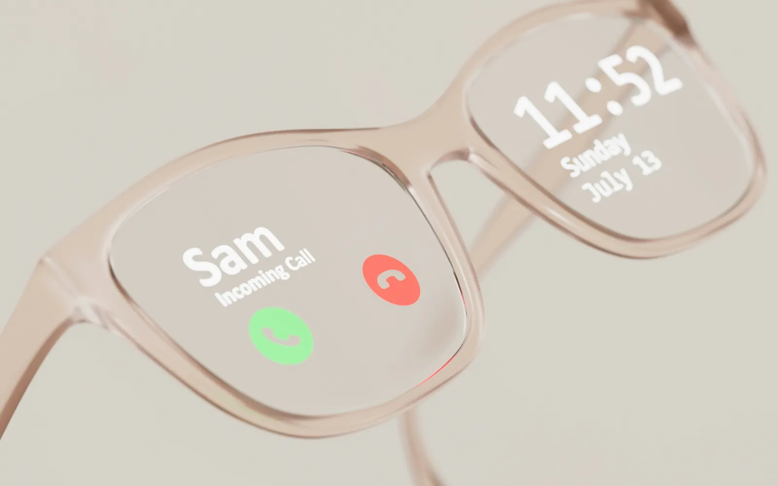 Close-up of smart glasses lenses showing notifications and a clock display — wearable eye-care tech insights from Dr. Roxanna Gangi, Toronto